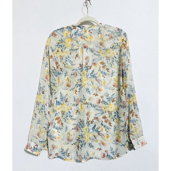 Kut from the Kloth Blouse Womens Large Sheer Ivory Floral Roll Tab Sleeve Boho - Picture 4 of 9